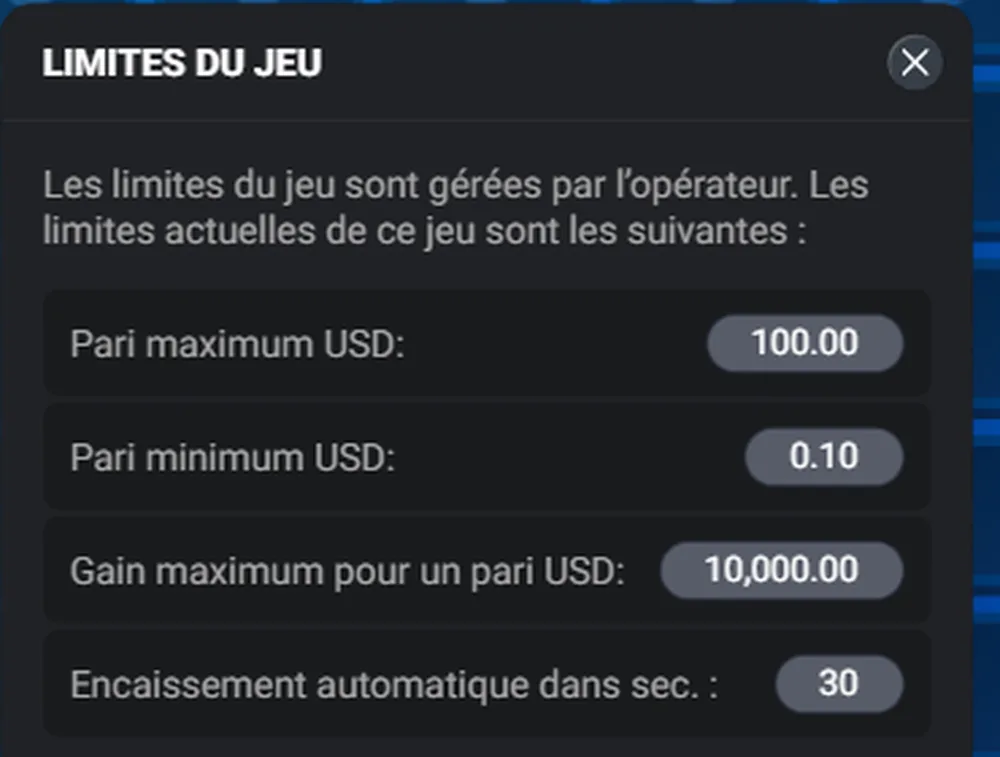 Panneau Limites du jeu du client Spribe : pari maximum 100 USD, pari minimum 0,10 USD, gain maximum 10 000 USD, encaissement automatique en 30 secondes